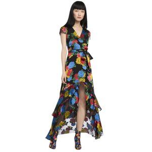 Alice + Olivia Silk Blend Erika Black Floral Print Ruffle Belted Dress - 6